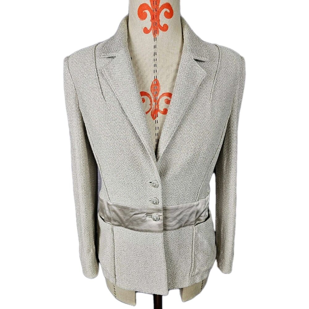 St. John Evening Pearl Gray Knit Jacket Satin Waist Jeweled Buttons USA Womens 8